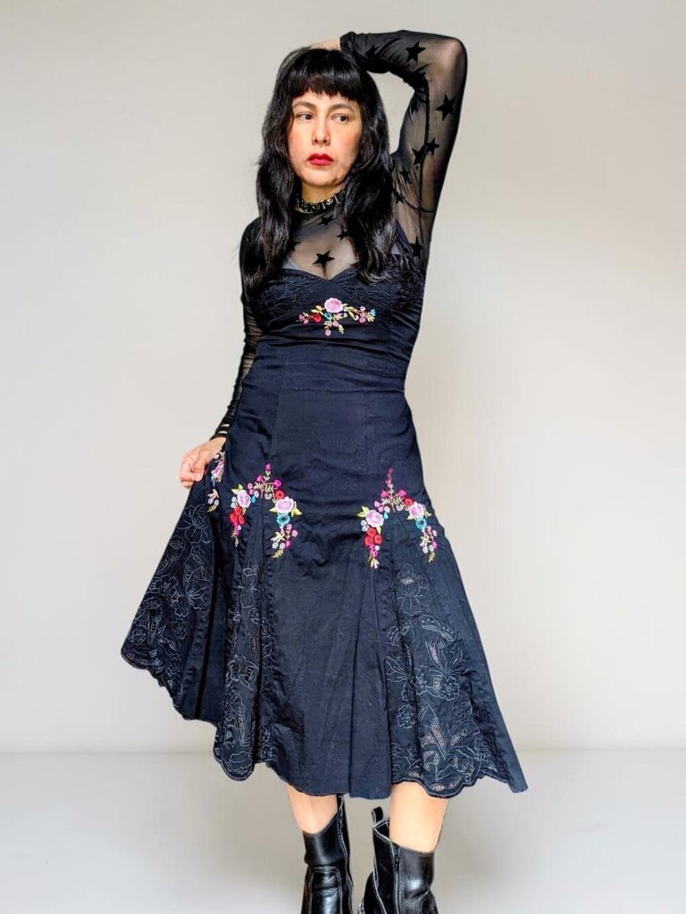 Betsey Johnson VTG 90s  fairy boho witchy black multi floral embroidery dress 10